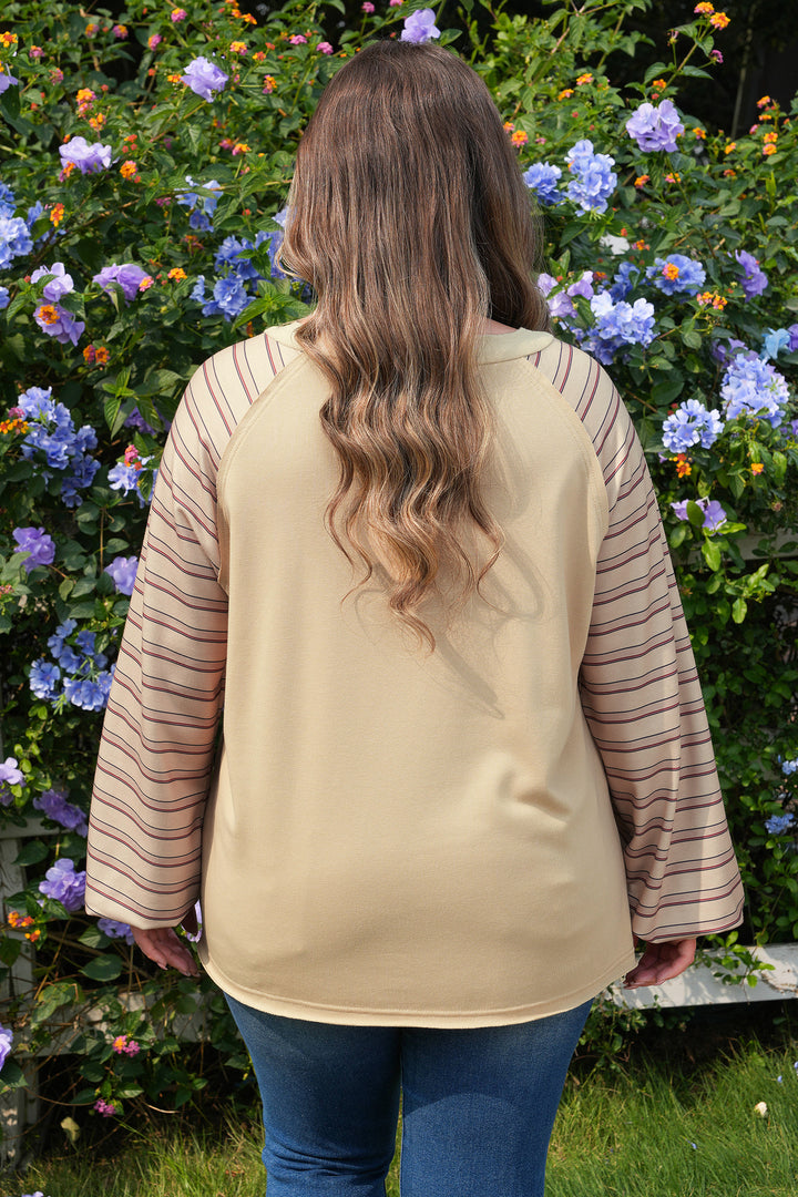 Parchment Striped Notched Neck Raw Edge Plus Size Jumper