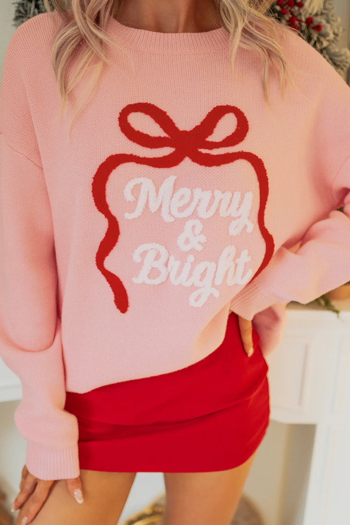 Gossamer Pink Towel Embroidery Slogan Pullover Sweater