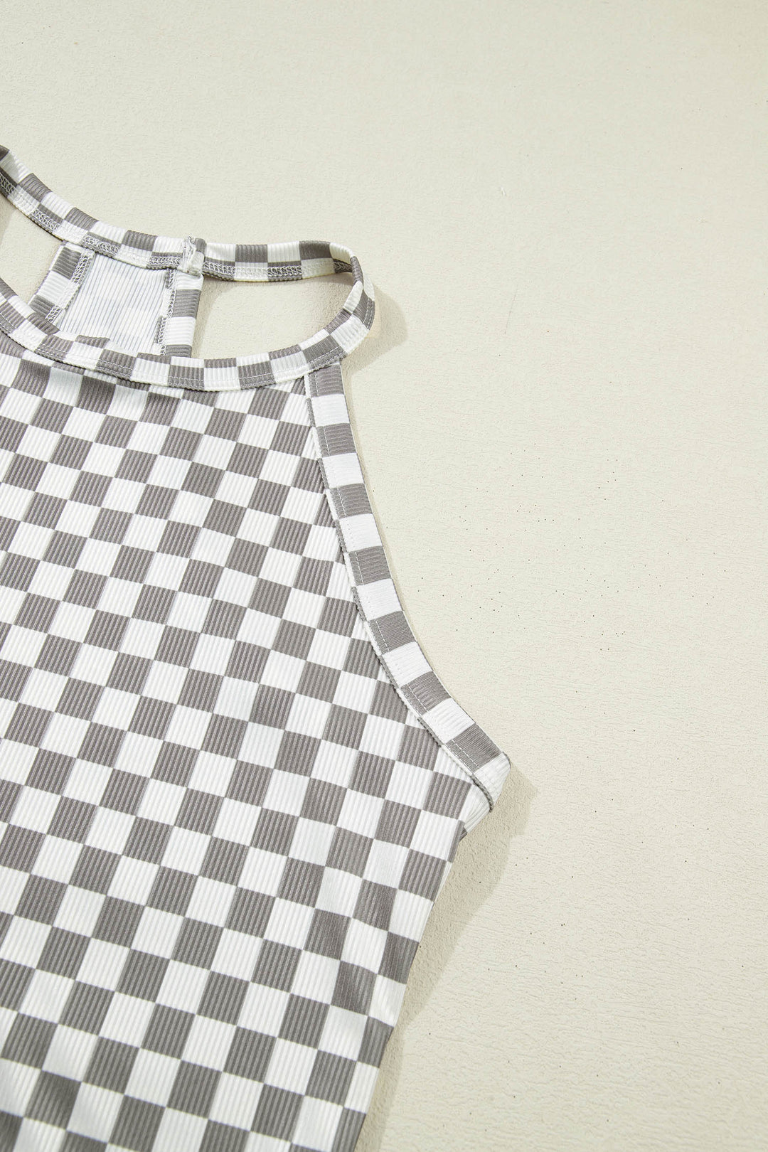 Gray Checkered Print Textured Halter Tank Top