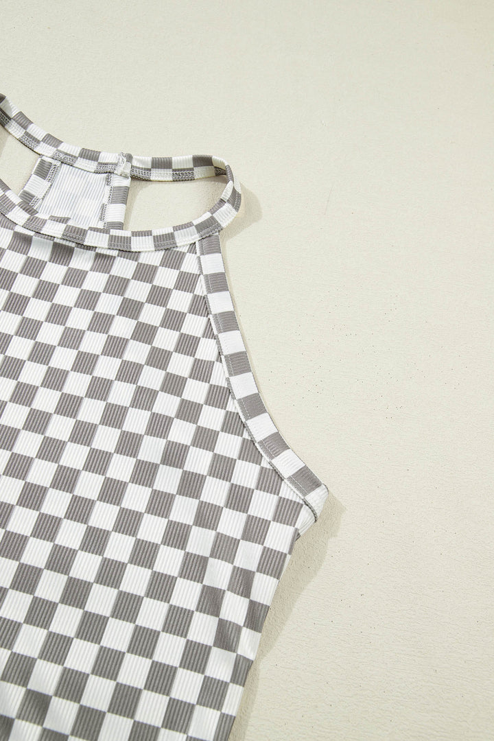 Gray Checkered Print Textured Halter Tank Top