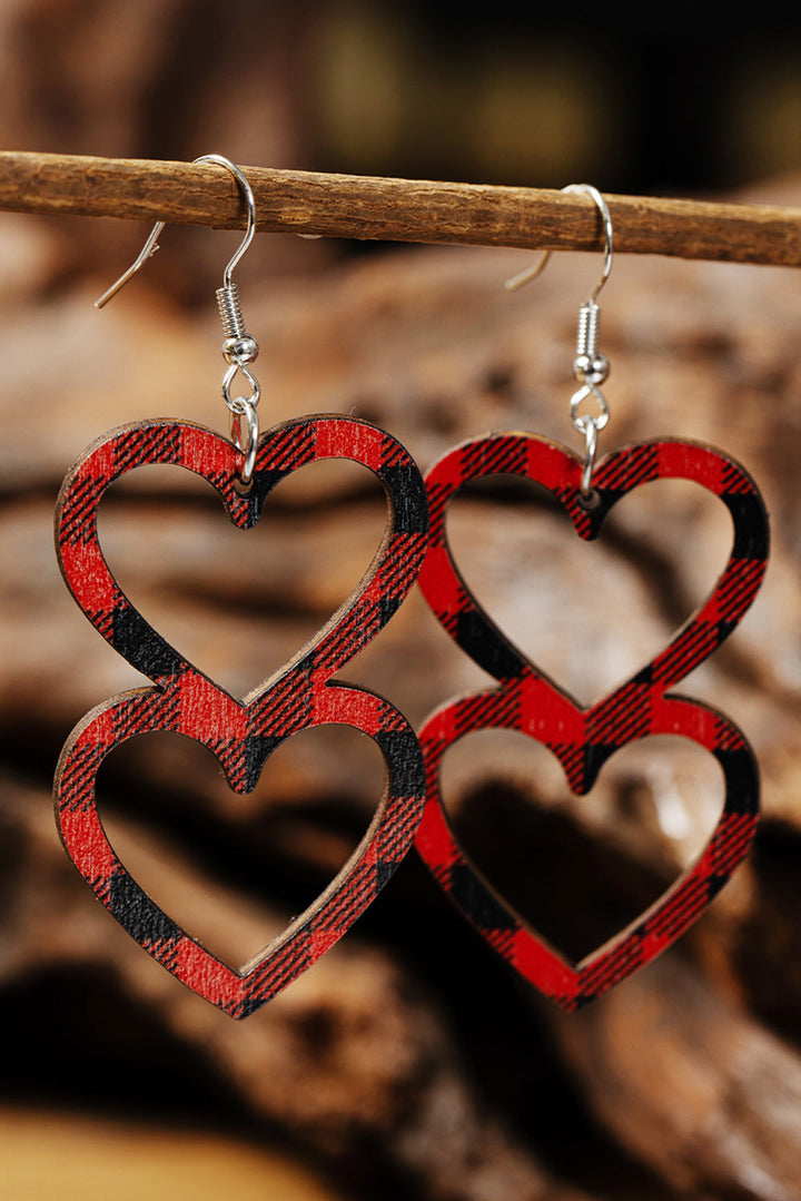 Boucles d'oreilles en bois à double cœur à carreaux pour la Saint-Valentin