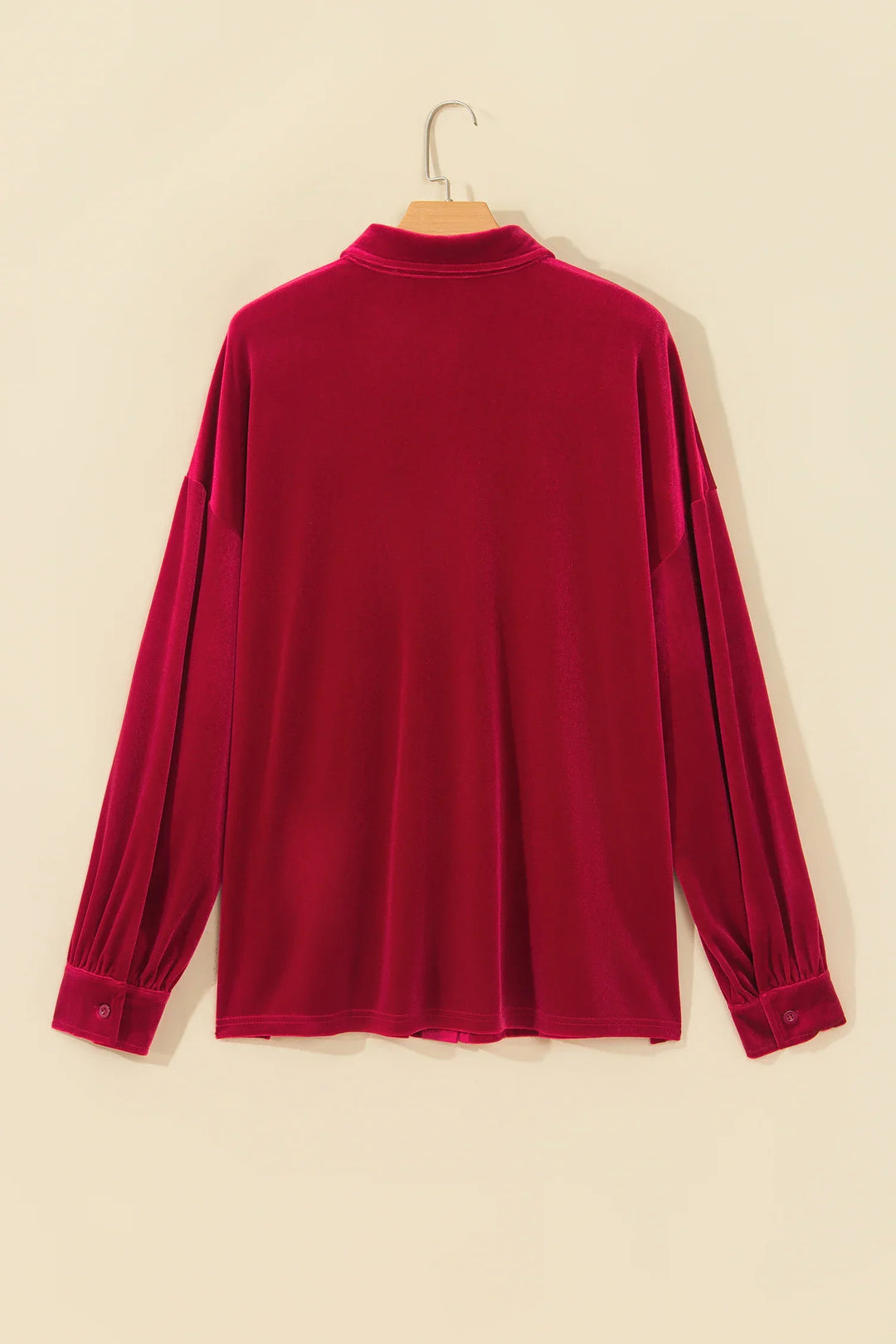 Fiery Red Soft Velvet Patch Pocket Button Down Loose Shirt