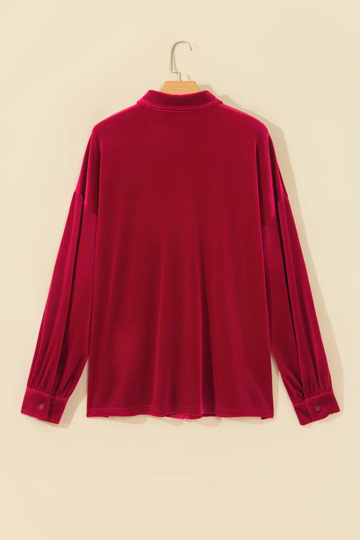 Fiery Red Soft Velvet Patch Pocket Button Down Loose Shirt