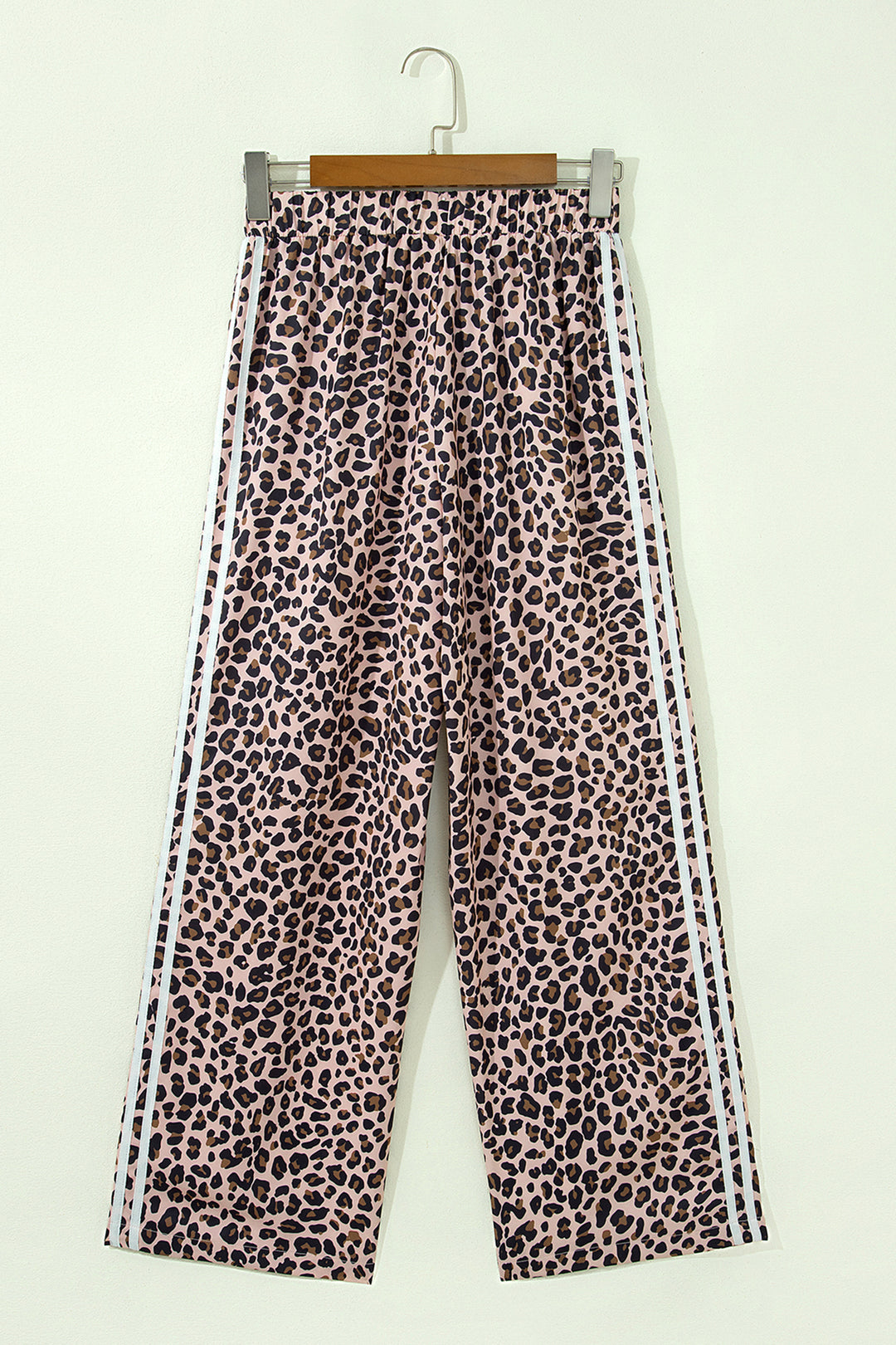 Beige Leopard Print Side Striped Detail Casual Wide Leg Pants
