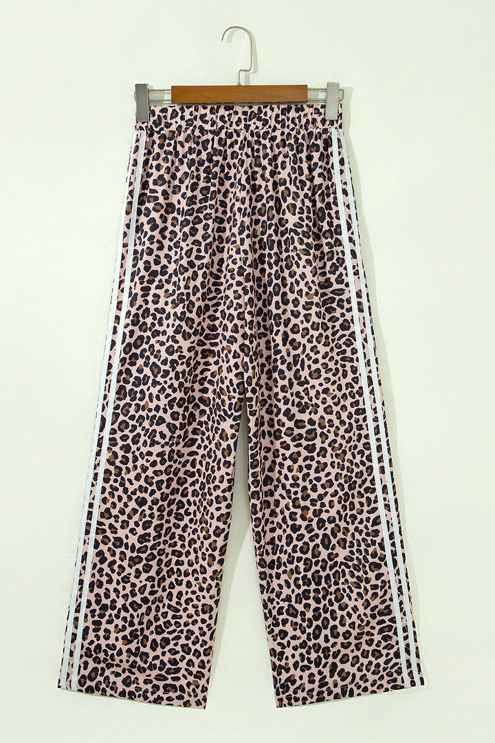 Beige Leopard Print Side Striped Detail Casual Wide Leg Pants