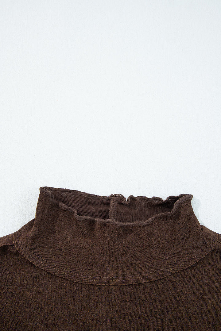 Cinnamon Lettuce Trim Raw Seam Jacquard Long Sleeve Top