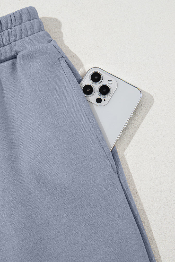 Dusk Blue Cowl Neck Drawstring Pullover Wide Leg Athleisure Pants Set