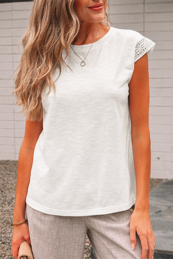 Lace Patchwork Cap Sleeve Round Neck T Shirt