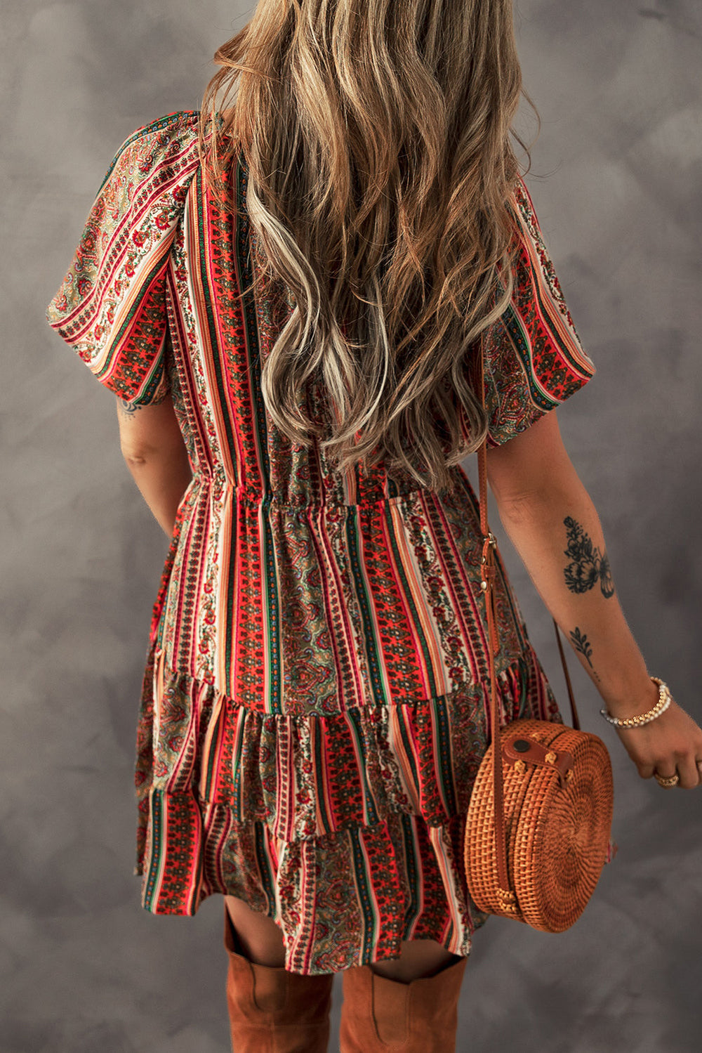 bohemian floral print buttoned v neck ruffle tiered dress