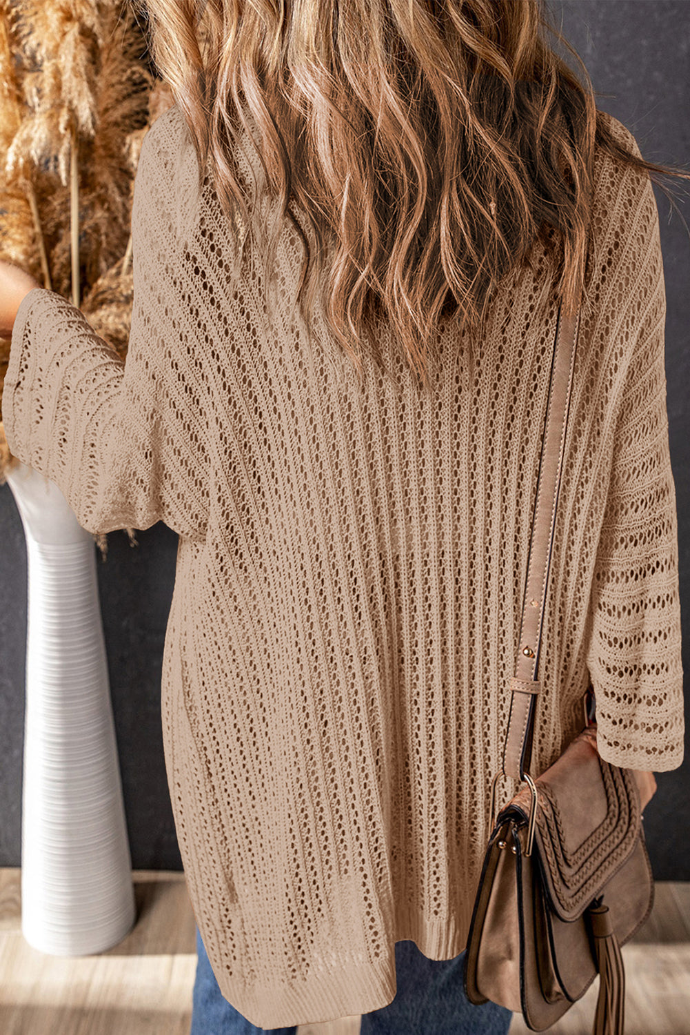 Light French Beige Solid Color Crochet Knit Open Front Tunic Sweater Cardigan