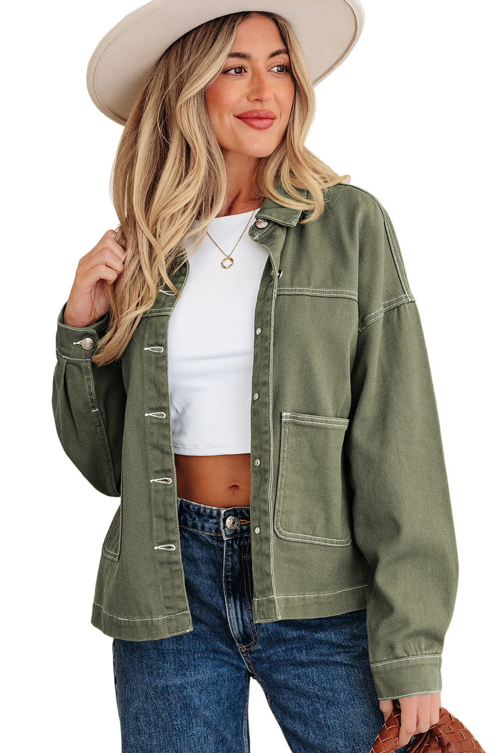 Patched Pocket Collared Button Front Boyfriend Denim Jacket