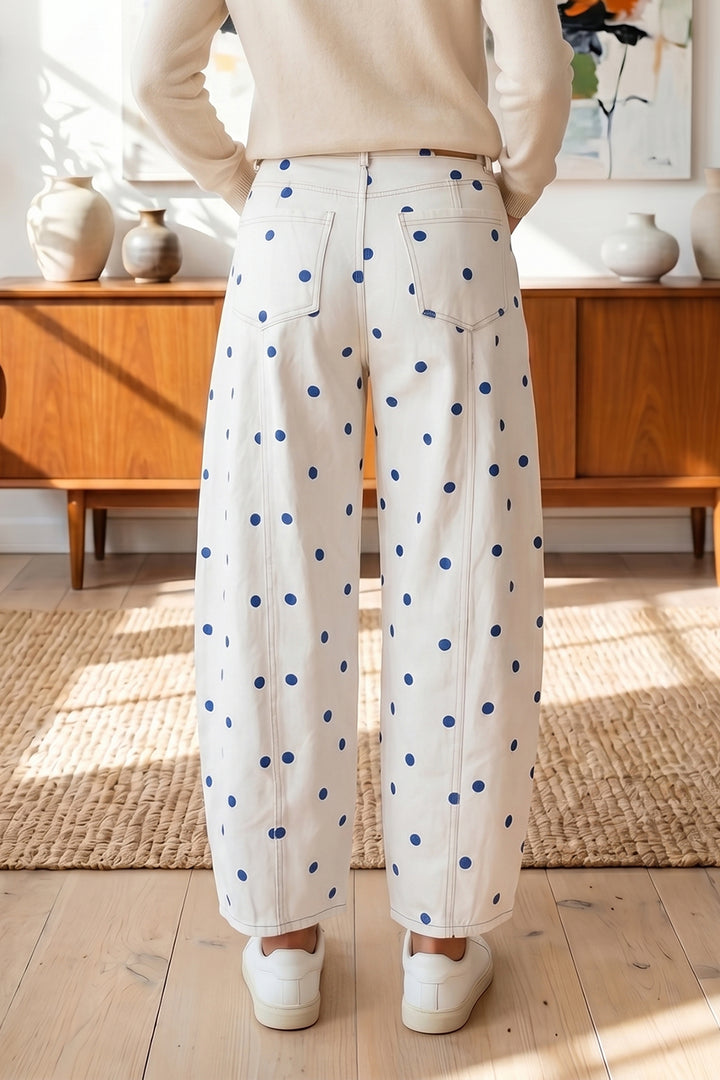 Blue Tailored Seam Polka Dot Print Barrel Casual Jeans