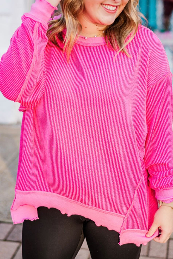 Rose Red Drop Shoulder Uneven Hem Plus Size Twisted Rib Top
