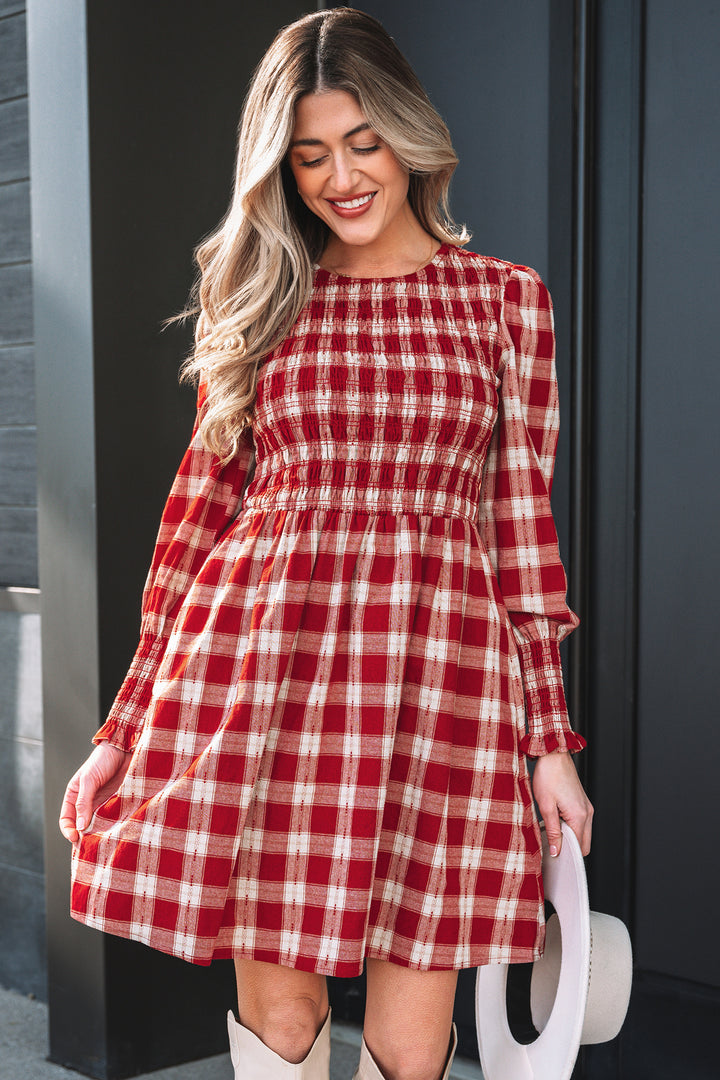 Plaid Print Smocked Puff Sleeve Mini Dress