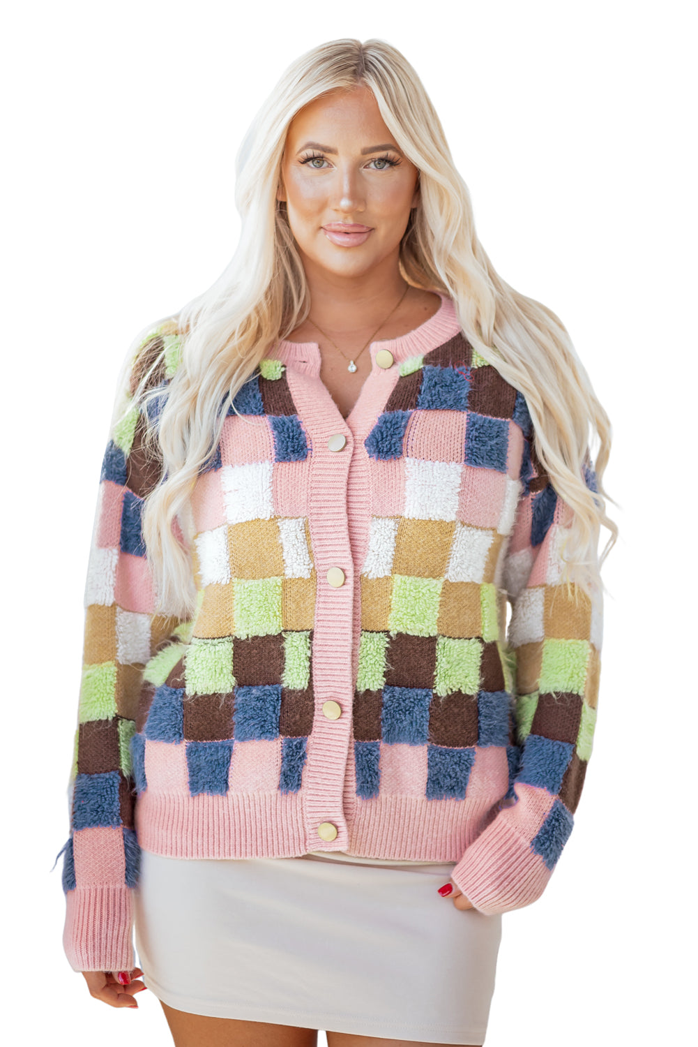 Plush Checkered Pattern Button Front Cardigan Sweater