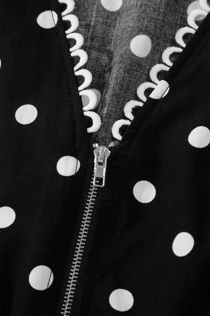 Black Polka Dot Print Contrast Trim Zip Up Sleeveless Dress