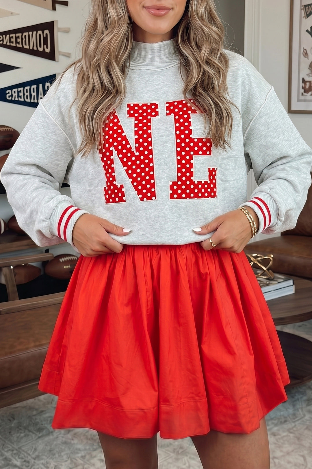 Cute Fiery Red U Neck Long Sleeve Fit and Flare Short Dress