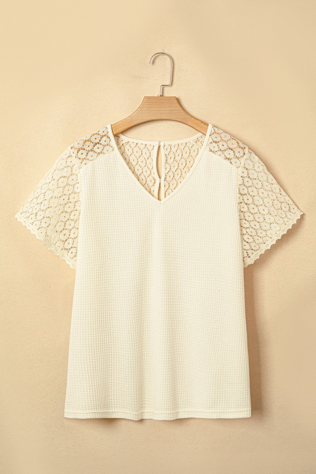 Beige Lace Splicing Button Cutout V Neck Waffle Knit Blouse