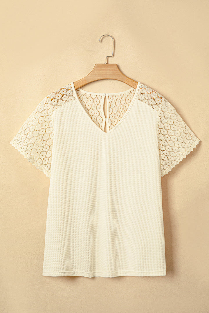 Beige Lace Splicing Button Cutout V Neck Waffle Knit Blouse