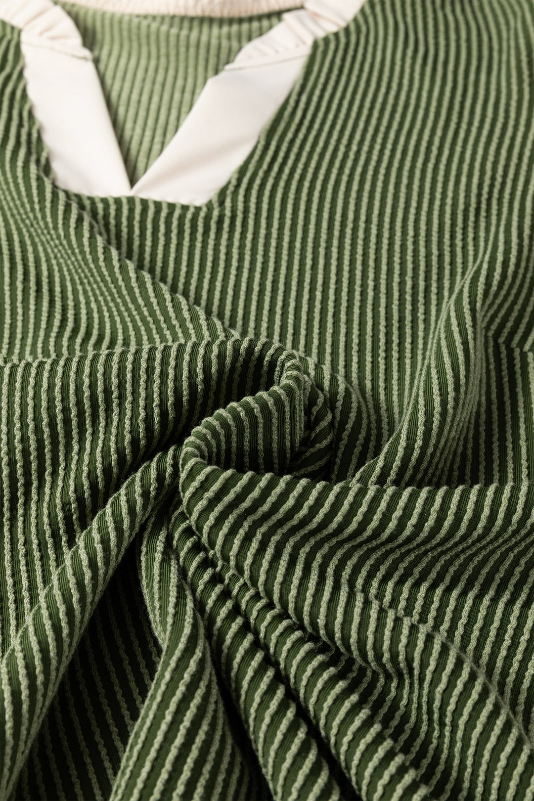 Vineyard Green Plus Size Contrast Frilled Neckline Ruffled Short Sleeve Ribbed Textured Blouse