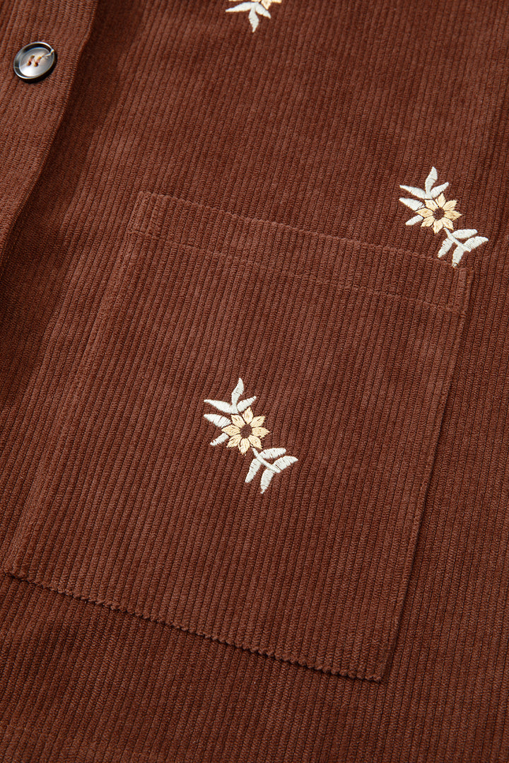 Coffee Floral Embroidered Collar Button Front Corduroy Jacket With Pocket