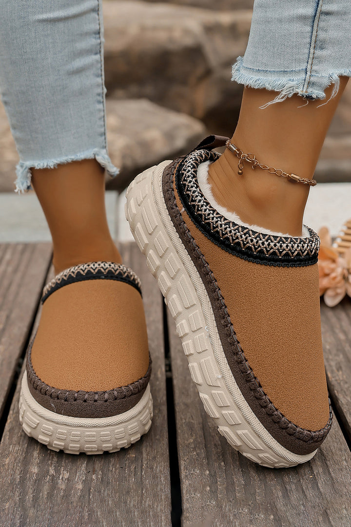 Contrast Stitch Detail Faux Suede PU Patchwork Plush Winter Clog Slippers