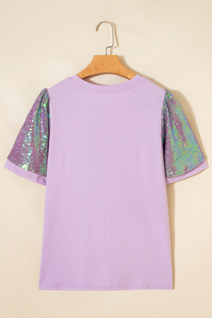 Orchid Petal Sequined MARDI GRAS Graphic Patchwork T Shirt