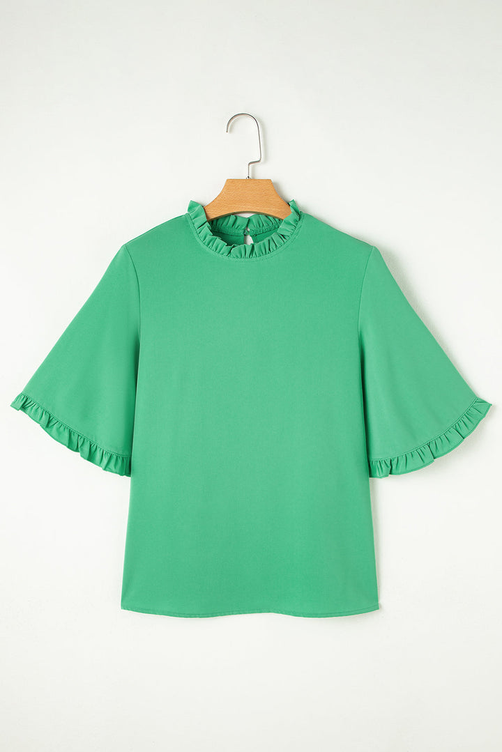 Frilly Round Neck Wide Half Sleeve Blouse