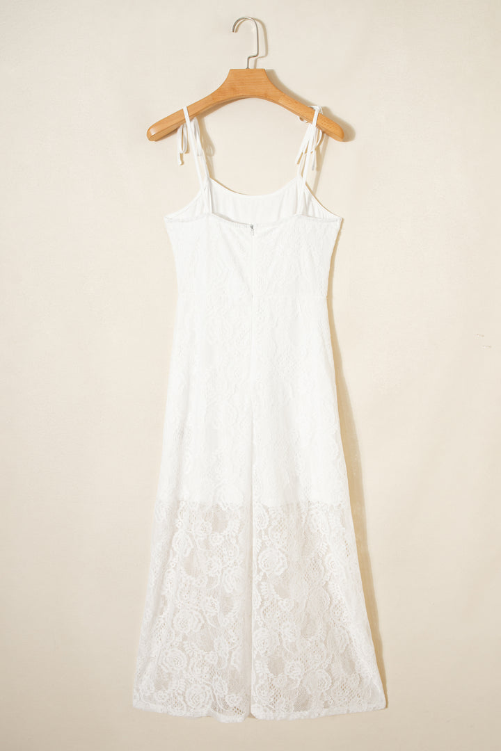 Tie Spaghetti Straps Floral Lace Overlay Long Dress