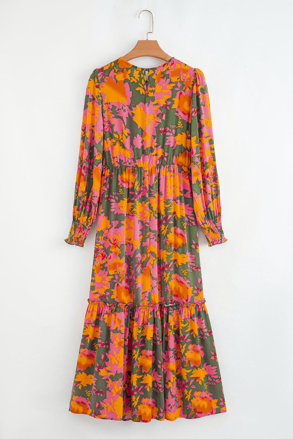 Floral Puff Sleeve Smocked Bodice Ruffled Long Dress