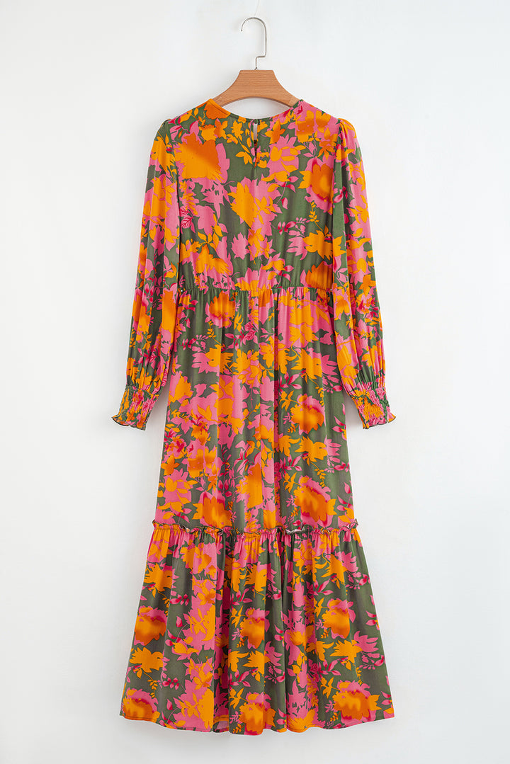 Floral Puff Sleeve Smocked Bodice Ruffled Long Dress