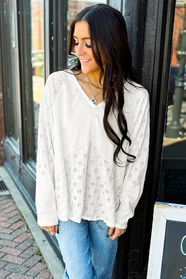 Twisted Rib Patchwork Embroidered Loose V Neck Long Sleeve Top