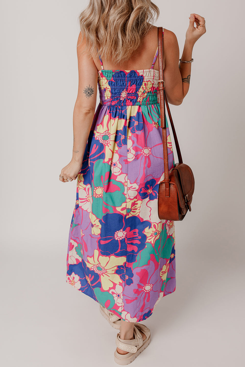 floral print shirred spaghetti strap loose maxi dress