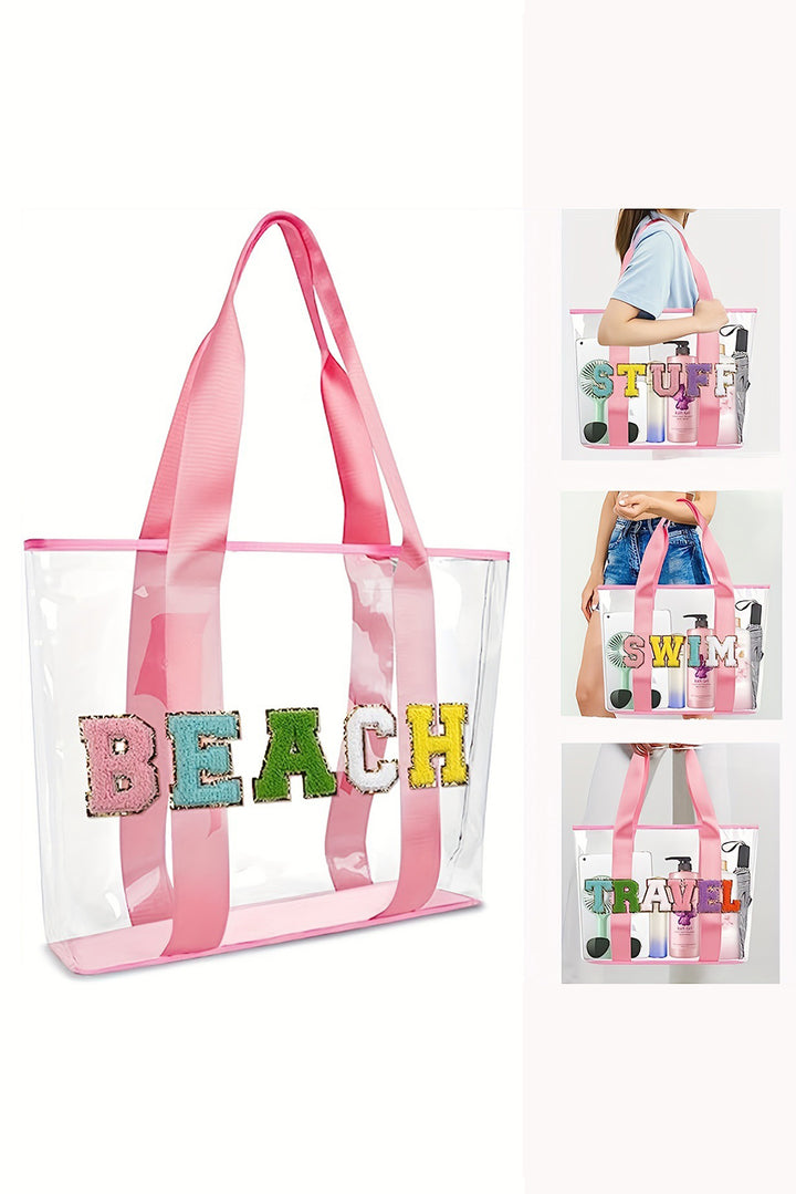 BEACH Chenille Patched Large Clear PVC Shoulder Bag