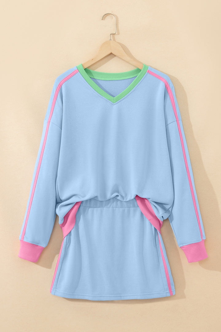 Sky Blue Ribbed Colorblock Trim Sporty Pullover Mini Skort 2pcs Athleisure Set