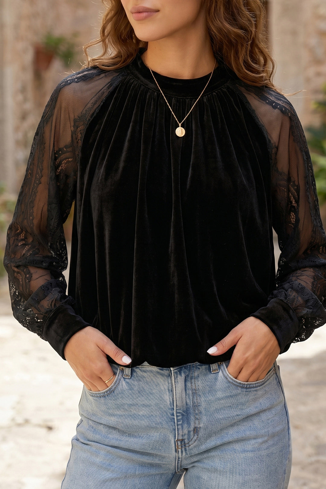 Black Sheer Lace Long Sleeve Patchwork Stand Neck Velvet Blouse
