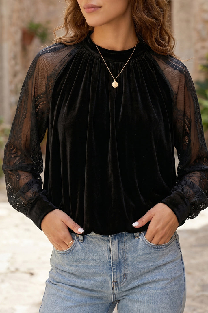 Black Sheer Lace Long Sleeve Patchwork Stand Neck Velvet Blouse