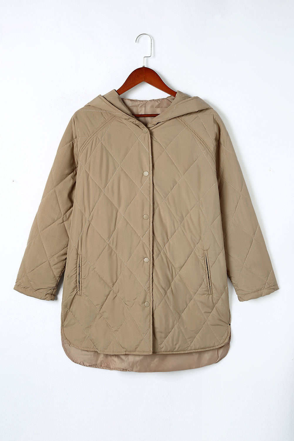Khaki Quilted Snap Button Hooded Puffer Coat