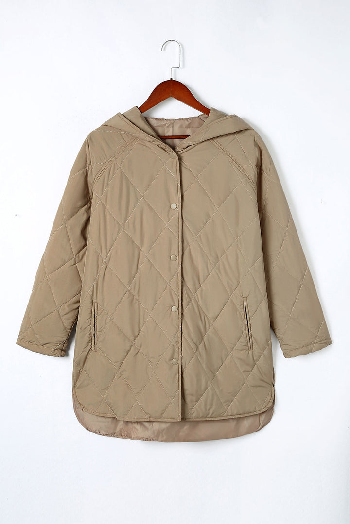 Khaki Quilted Snap Button Hooded Puffer Coat