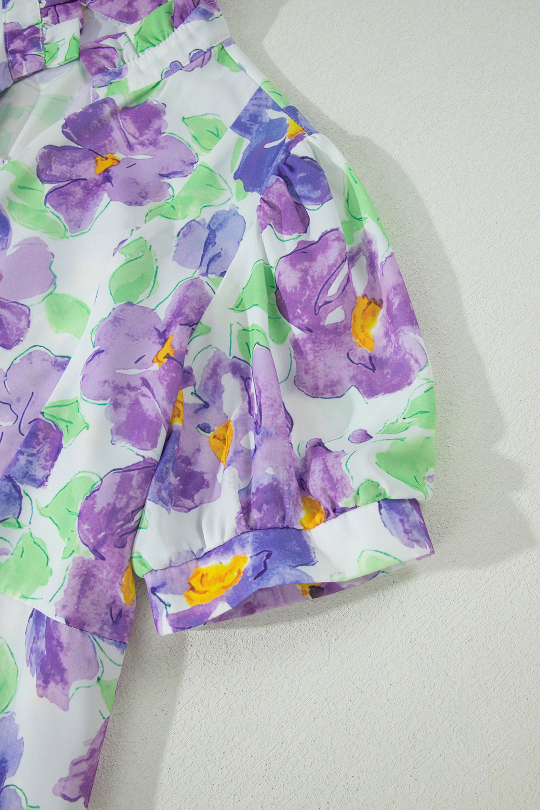 Purple Floral V Collar Short Sleeve Tiered Ruffle Mini Dress