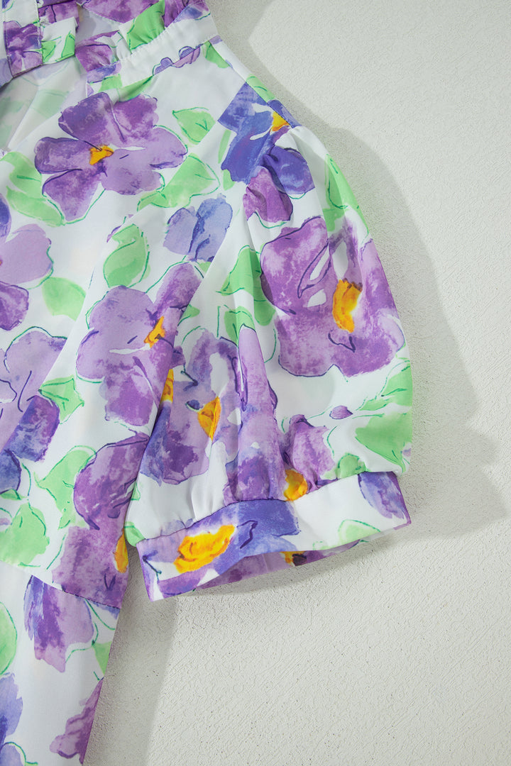 Purple Floral V Collar Short Sleeve Tiered Ruffle Mini Dress