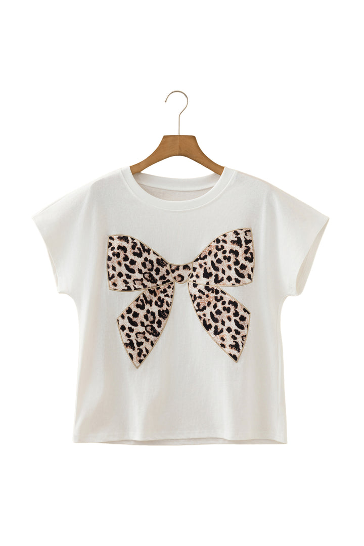 Leopard Bow Embroidered Cotton Round Neck T Shirt