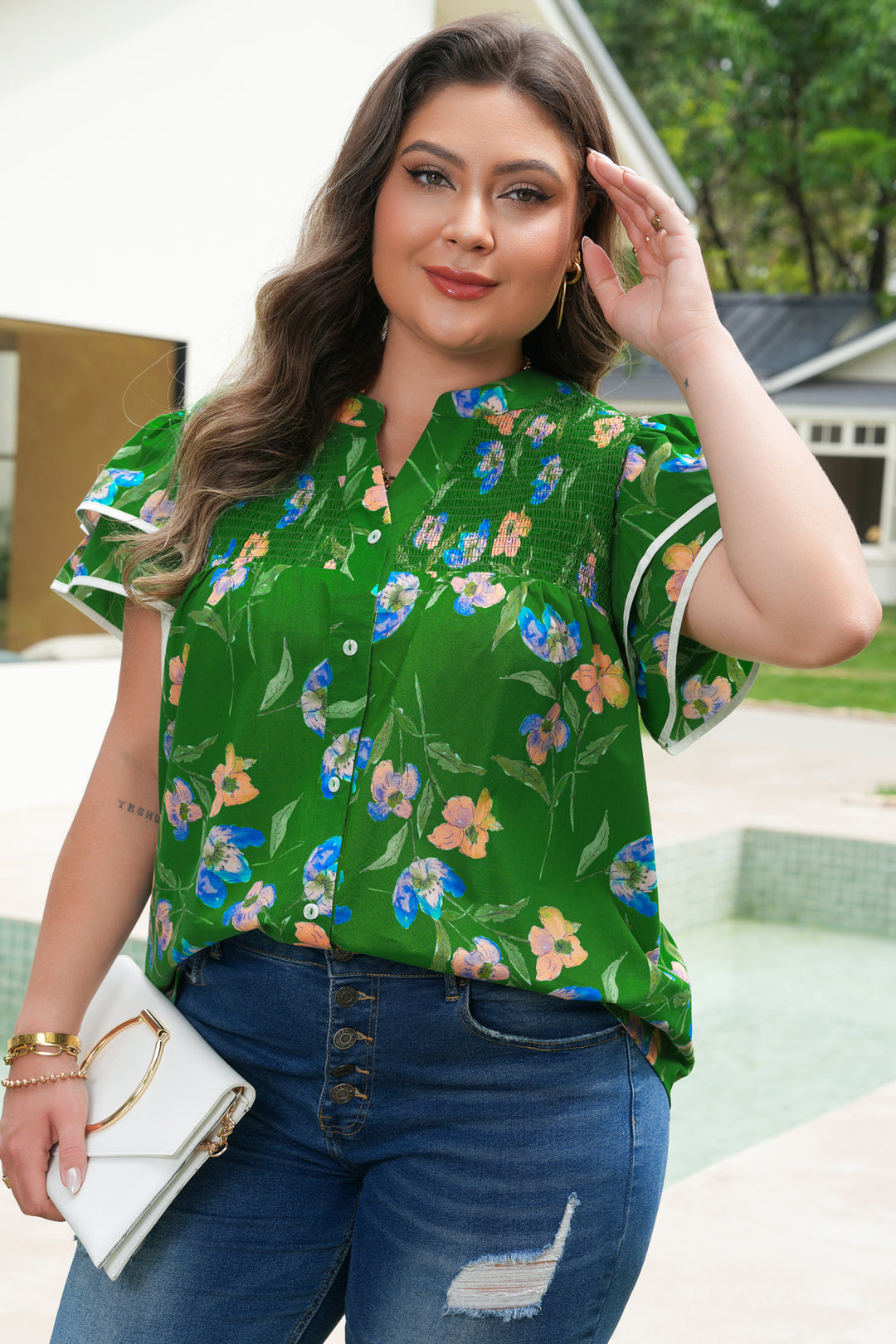 Green Plus Size Ruffled Short Sleeve Cotton Floral Top
