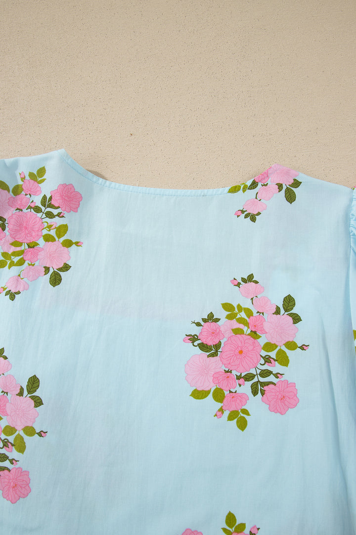Sky Blue Floral Printed Contrast Ricrac Detail Bubble Sleeve Blouse