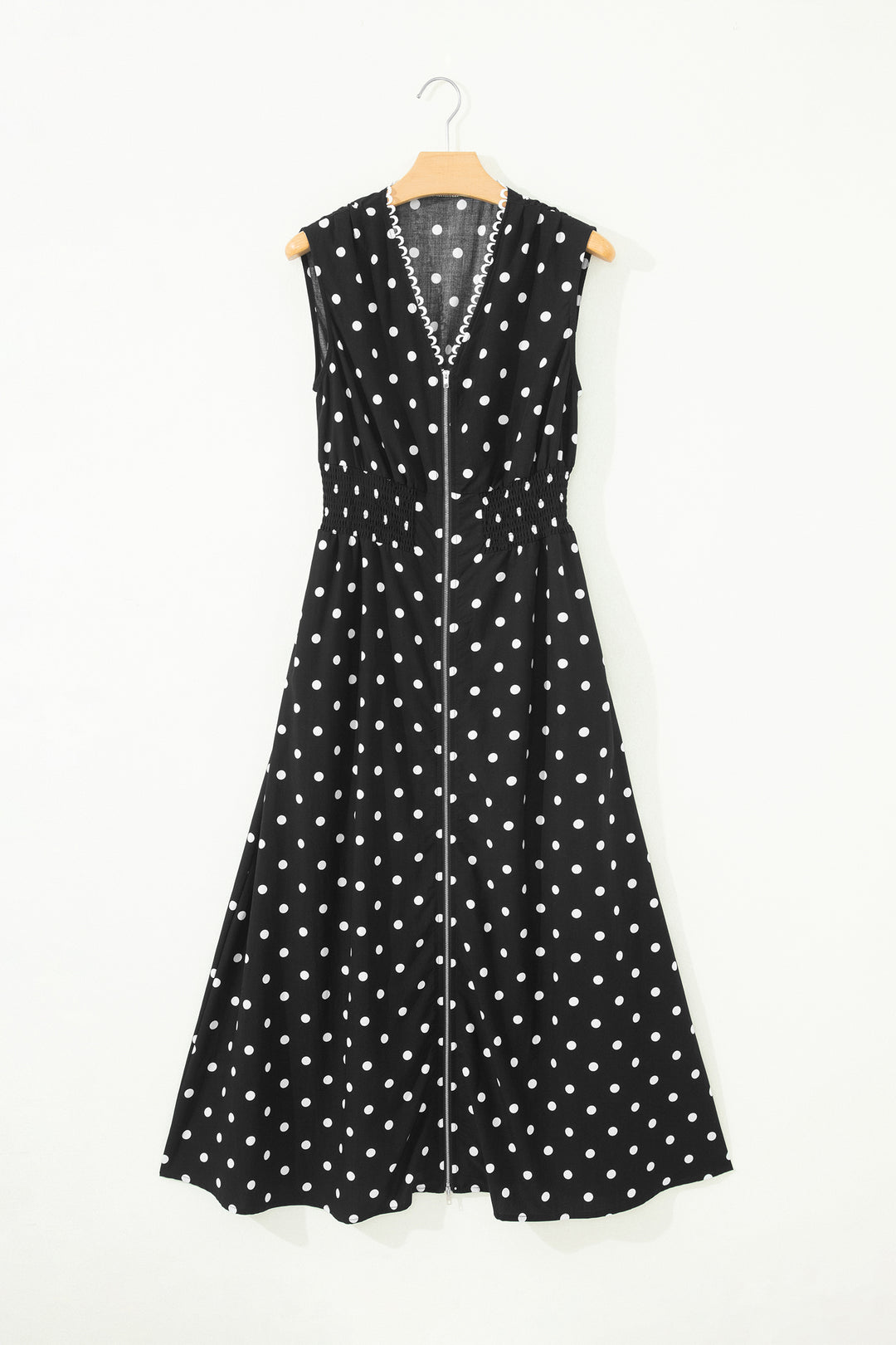 Black Polka Dot Print Contrast Trim Zip Up Sleeveless Dress