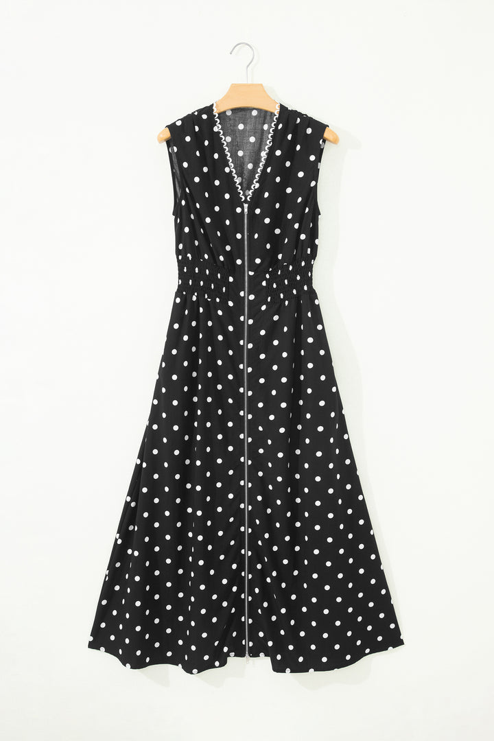 Black Polka Dot Print Contrast Trim Zip Up Sleeveless Dress