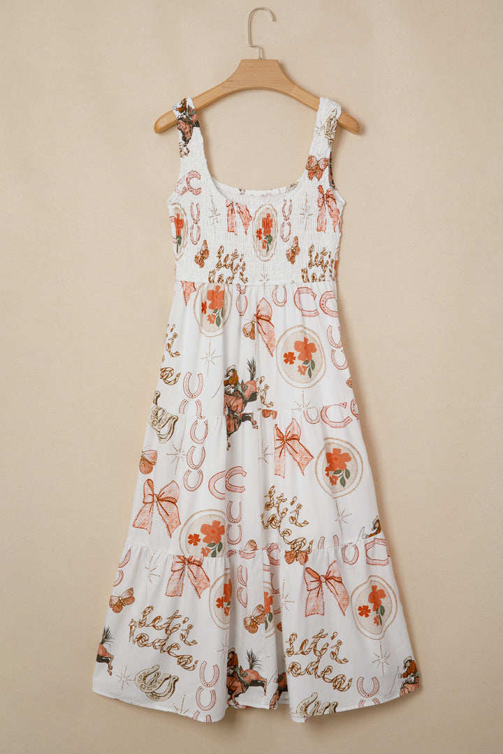 White Western Horseshoe Print U-Neck Sleeveless Midi Dress