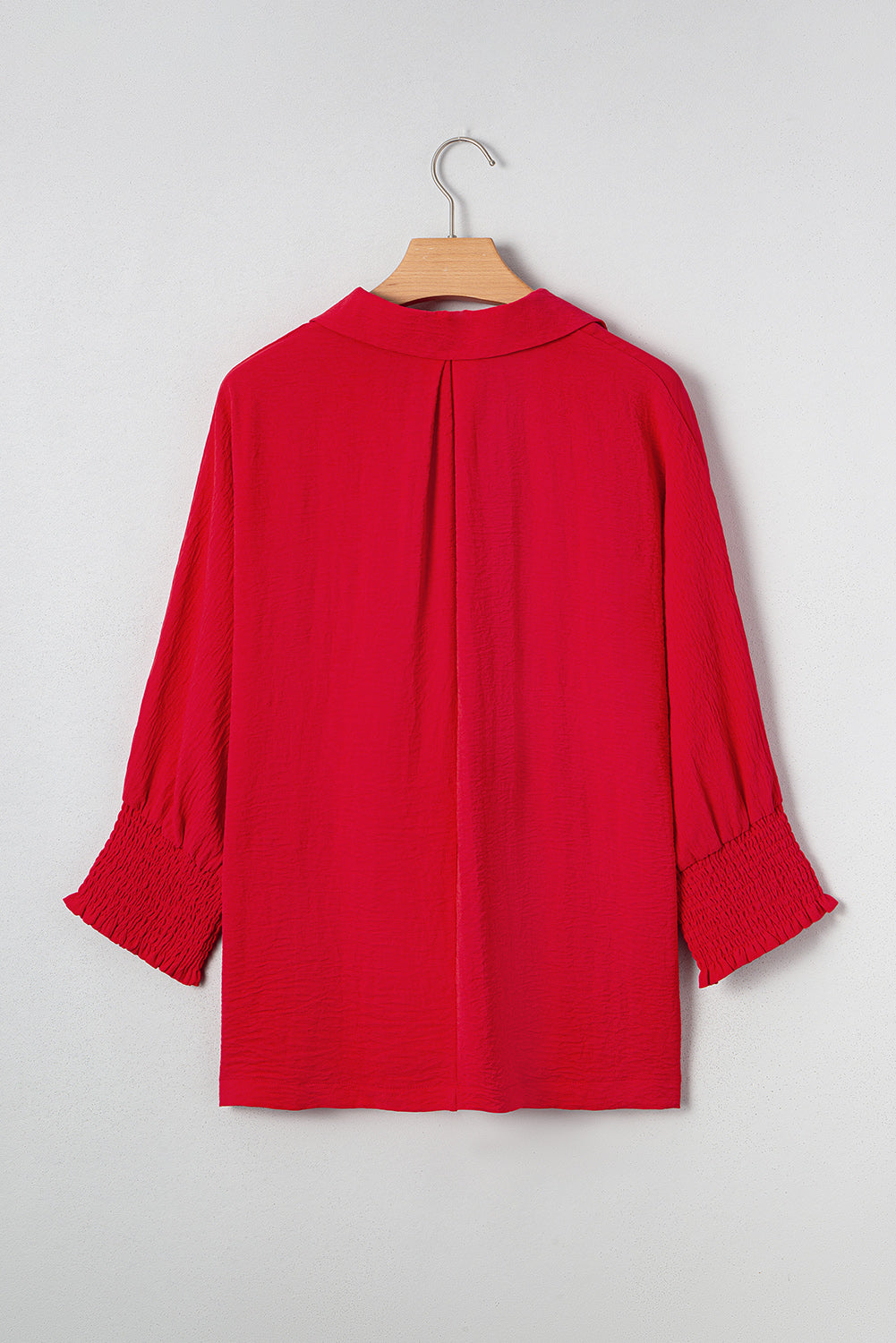 V Neck Collared Shirred 3/4 Sleeve Oversized Tunic Top