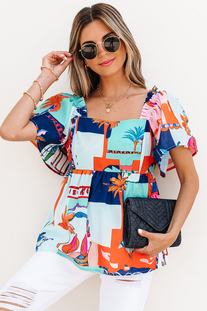 tropical printed square neck flutter sleeve babydoll blouse