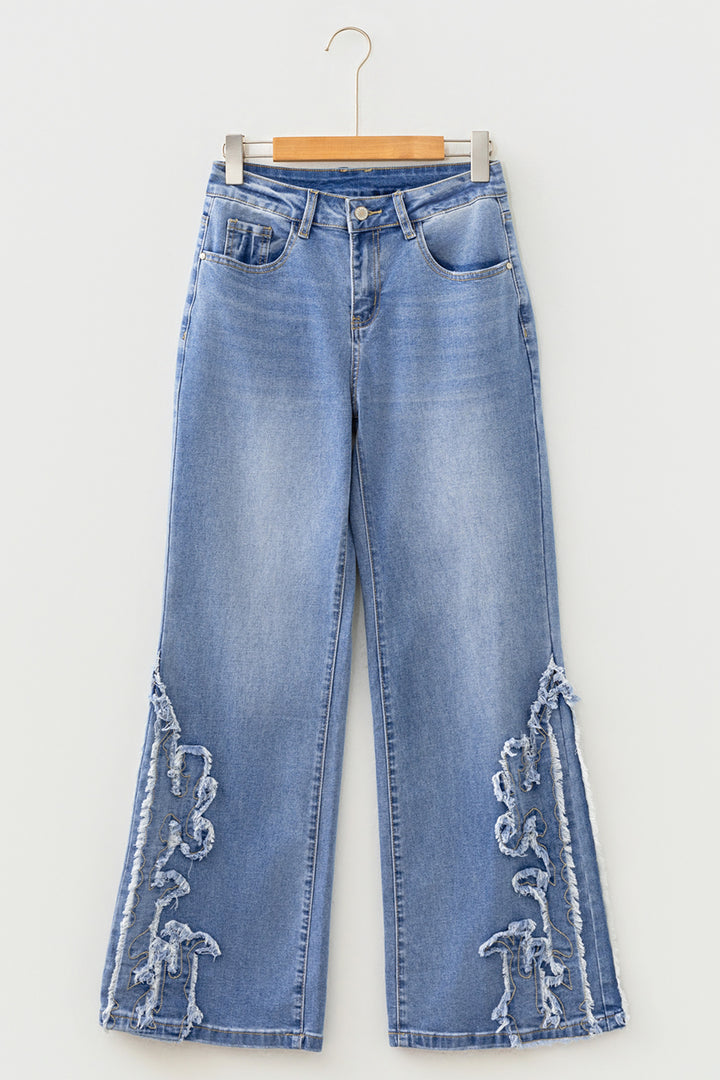 Fashion Ashleigh Blue Embroidered Western Print Flare Leg Full Length Jeans